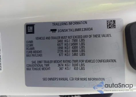 2021 Chevrolet Tahoe 4Wd High Country z USA, uszkodzony, nr VIN 1GNSKTKL8MR136834